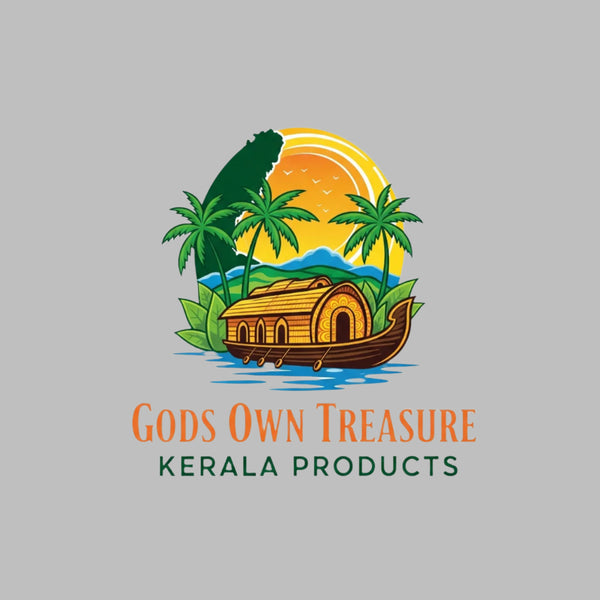 Logo for 'Gods Own Treasure Kerala Products' with a boat, palm trees, and sunset design.